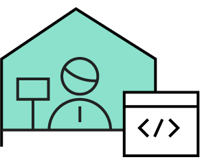 Green house with an avatar inside and behind a screen with code brackets icon