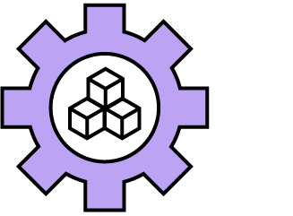 Purple cogwheel with three 3-d cubes icon