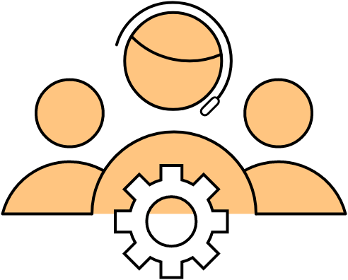Three yellow avatars with cogwheel in front icon