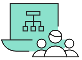 Three avatars in front of a green laptop showing tree graph icon