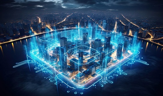 City view with cybernetic blue lines around it