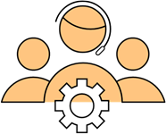 Three yellow avatars with cogwheel in front icon