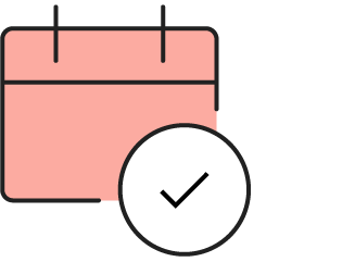 Red calendar behind a circle with checkmark inside icon