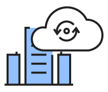 Blue buildings with a cloud that has rotating arrows icon